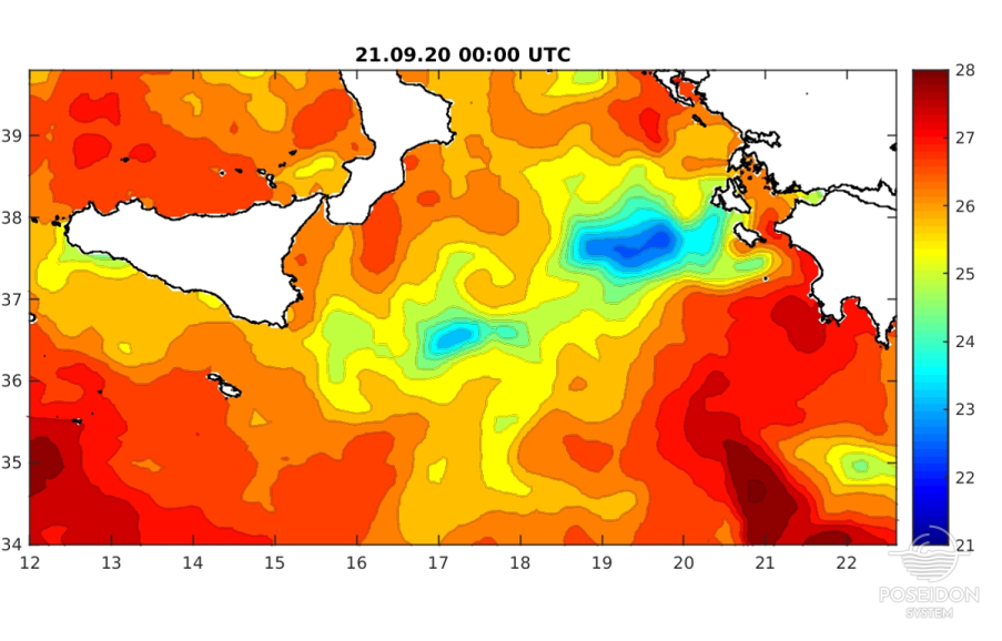 “ΙΑΝΟΣ”: Επιφανειακή θαλάσσια θερμοκρασία (νυχτερινή δορυφορική λήψη) - 21 Σεπτεμβρίου 2020