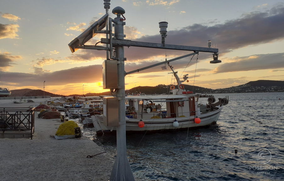 Typical installation of a radar tide gauge equipped with meteorological sensors and wireless telecommunication link (Poseidon Tide gauge, Palaia Fokea)
