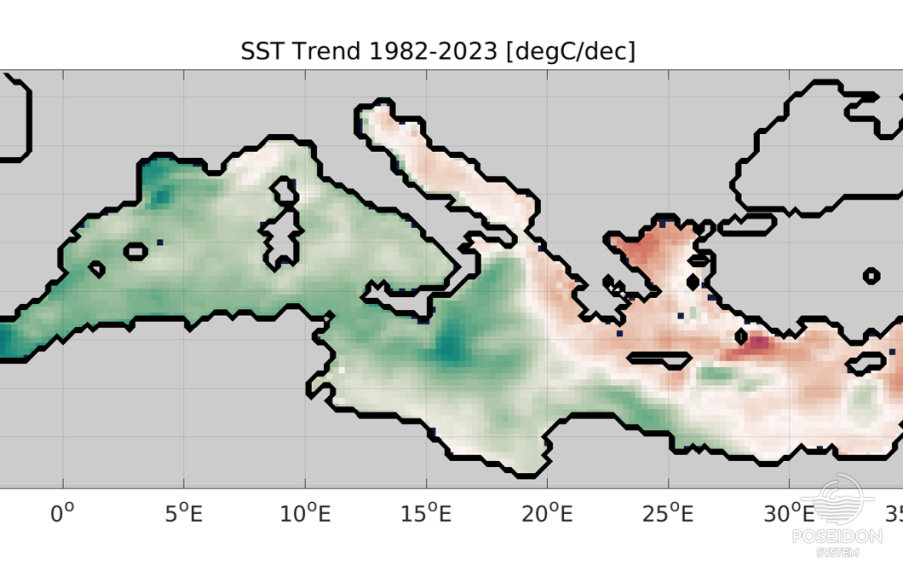 Linear trend of sea surface temperature in the Mediterranean Sea for the period 1982–2023 based on the Copernicus Marine product: Mediterranean Sea High Resolution L4 Sea Surface Temperature Reprocessed.