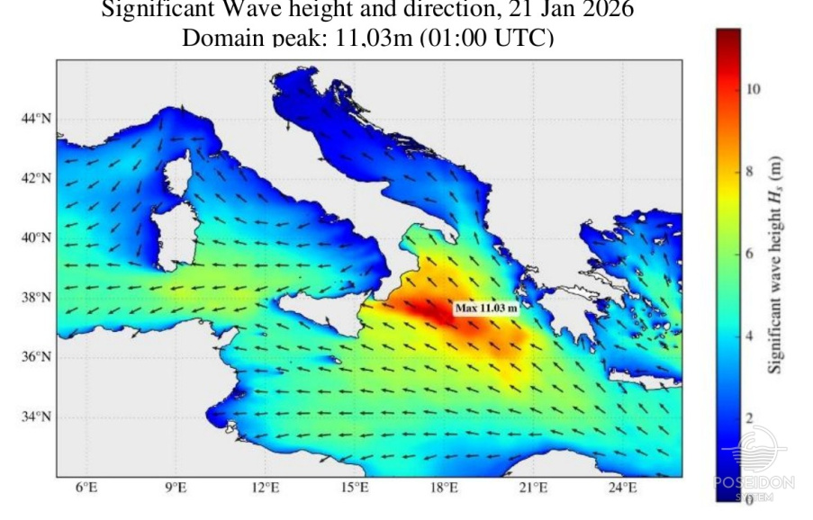 Storm Harry - Significant wave height and wave direction 21 January 2026