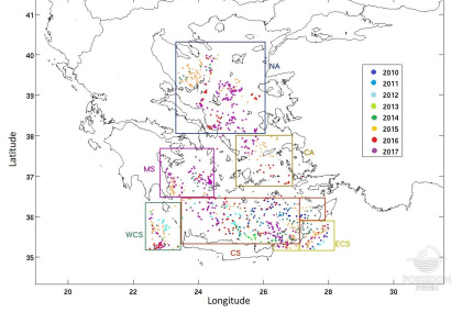 Καταγεγραμμένα προφίλ Argo σε διάφορες υπο-περιοχές του Αιγαίου για την περίοδο 2010 - 2017